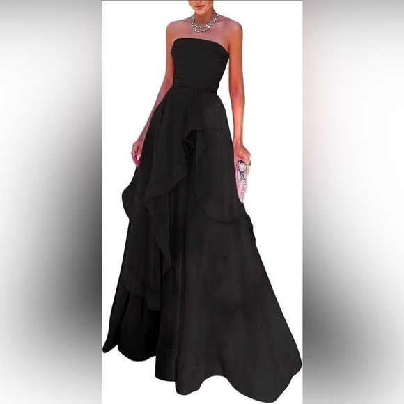 Dresses & Skirts - Black Ruffle Asymmetrical Hem Strapless Dress Sz See Measurements